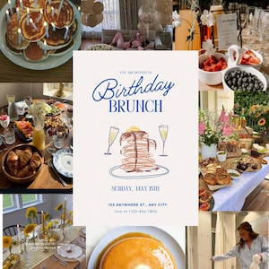 May include: A collage of images featuring a birthday brunch theme. Includes a stack of pancakes with candles, a table setting with sunflowers, and a brunch invitation with pancakes and champagne glasses. Other images show food and people.