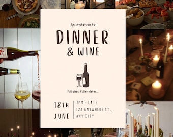Op de afbeelding: Een collage van afbeeldingen die een diner met wijn uitbeelden. De scène omvat tafels gedekt met borden, eten en kaarsen. De uitnodigingstekst luidt "Dinner & Wine" met datum- en tijdgegevens.