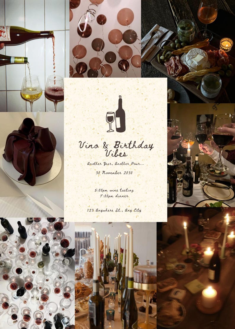 May include: A collage of images related to a wine-themed birthday celebration. Includes wine bottles, glasses, a chocolate cake, and a charcuterie board. The central image features the text "Vina & Birthday Vibes."