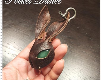 Handmade Leather Rabbit Keychain with Green Stone Eye