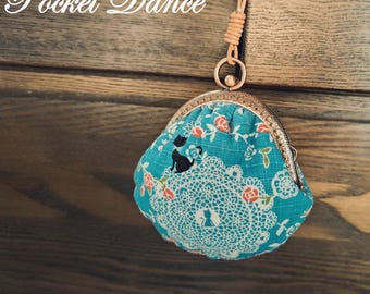 Handmade Cat Coin Purse, Blue Lace Kisslock Pouch