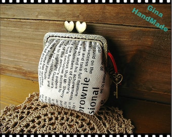 Vintage style newspaper heart-bead metal frame purse / Coin Wallet / Pouch coin purse / Kiss lock frame purse bag-GinaHandmade
