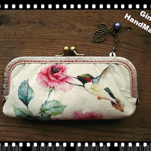 Capa de telefone peônia e beija-flor, bolsa de moedas, carteira de embreagem, bolsa de batom para cartão, bolsa de embreagem, bolsa com moldura de bloqueio de beijo