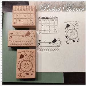 Jeu de tampons en bois en caoutchouc chats, tampons en caoutchouc Kitty mois semaine heure pour la fabrication de cartes, offre de timbres de scrapbooking journal intime animal mignon