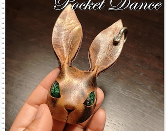 Handmade Leather Rabbit Keychain & Brooch: Green Stone Eyes