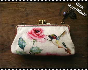Handmade Peony & Hummingbird Coin Purse: Kiss Lock Clutch Wallet