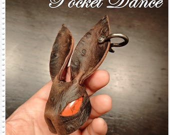 Handmade Leather Rabbit Keychain or Brooch: Brown Bunny Keyring with Red Stone Eyes