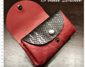 Handmade leather two tone red color small Coin purse , leather credit card wallet holder , leather pouch , leather clutch bag