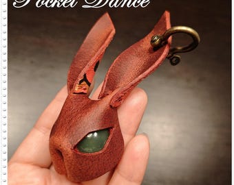 Handmade Leather Rabbit Keychain or Brooch: Unique Green Stone Eyes Bunny Pin Keychain Charm