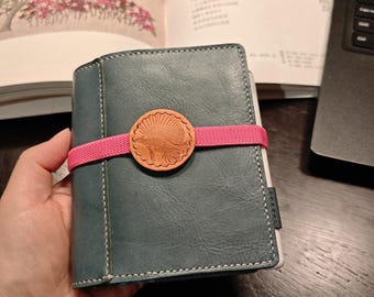 Handmade Leather Pocket Planner, Misty Blue Refillable Journal with Fish Charm A8 M5