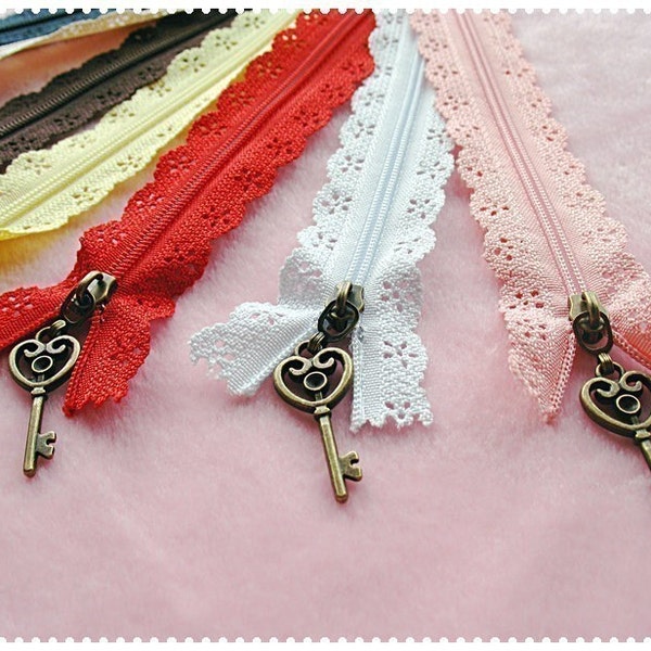 7pieces  Rainbow color lace zipper for purse making- antique key puller (purse bag metal frame)