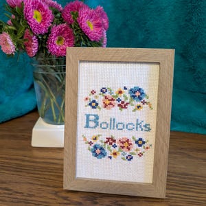 Funny Floral Needlepoint: &quot;Bollocks&quot; - Snarky Framed Cross Stitch