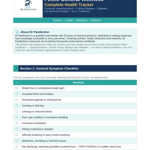 Puede incluir: Un rastreador de salud felina imprimible de Dr. Pawfection. El documento azul y blanco incluye una lista de verificación de síntomas generales, que cubre afecciones como hipertiroidismo y diabetes. Está diseñado para controlar la salud y el bienestar de un gato.
