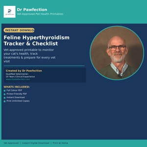 May include: A digital download printable titled "Feline Hyperthyroidism Tracker & Checklist" by Dr Pawfection. The blue and teal design includes a photo of a man in glasses and text detailing the product's features and benefits for cat health monitoring.