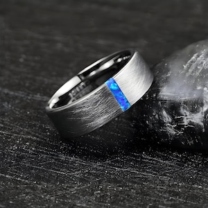 SERENE | Silver Tungsten Ring - Brushed Tungsten Ring - Tungsten Wedding Band - Blue Opal Inlay Ring - Unique Tungsten Ring - Durable Ring