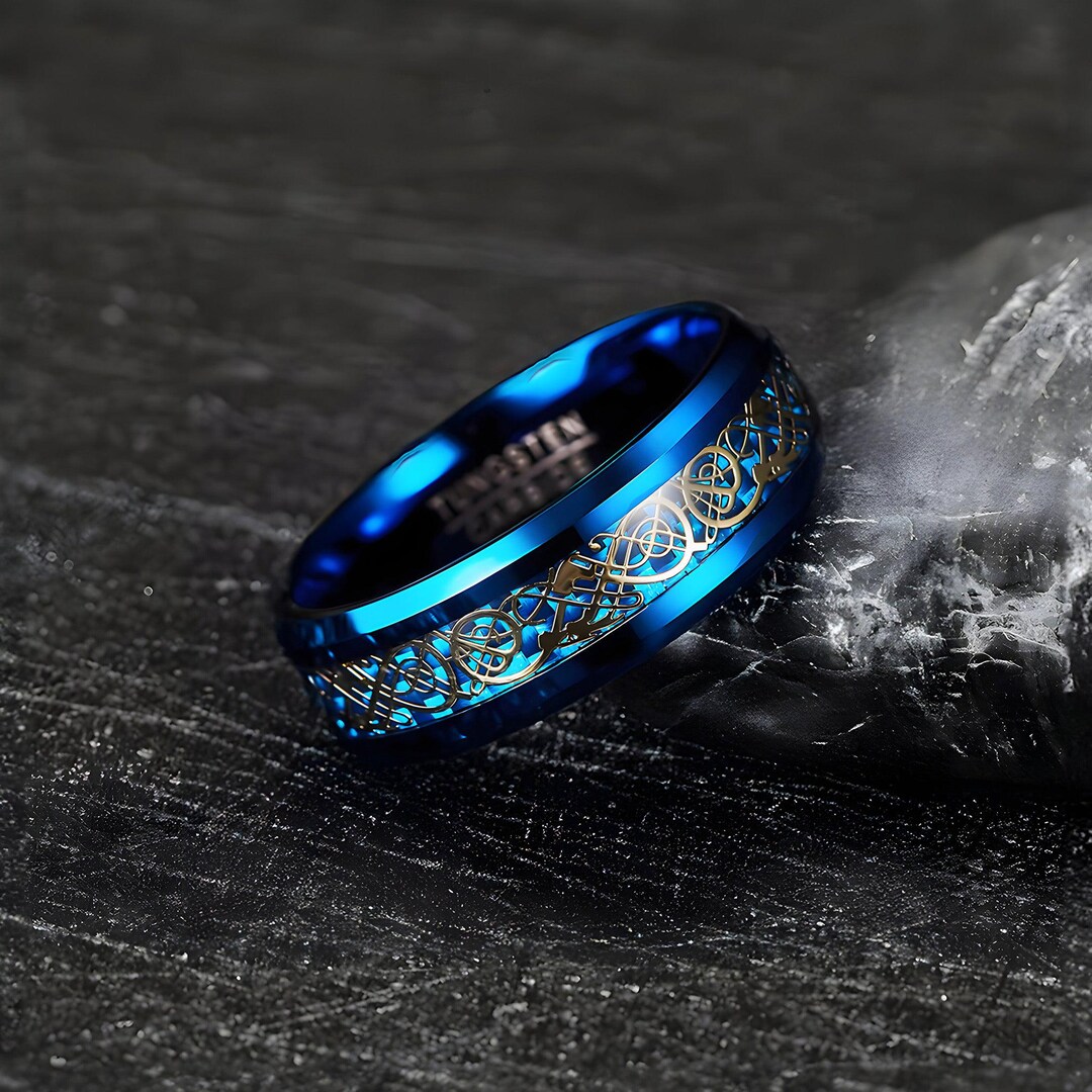 Hydra | Blue Tungsten Ring With Gold Dragon Inlay | Wedding Band ...