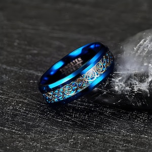 HYDRA | Blue Tungsten Ring - Tungsten Wedding Band - Unique Tungsten Ring - Dragon Inlay Ring - Blue Gold Ring - Durable Ring - Luxury Ring