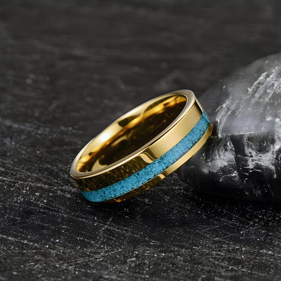 AZURE Gold Tungsten Ring With Offset Crushed Turquoise Inlay