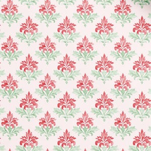 May include: A repeating wallpaper pattern featuring stylized floral motifs in shades of red and green. The design consists of symmetrical red blossoms layered over light green foliage, all set against a solid, pale pink background.