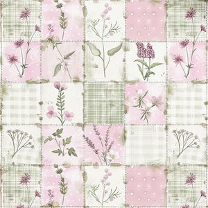 May include: A patchwork fabric pattern featuring alternating squares of light green plaid, white polka dots on pink, and solid white backgrounds. Each square displays botanical illustrations of various flowers and green foliage in shades of pink, green, and white.