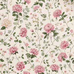 May include: A wallpaper pattern featuring a repeating floral design on a cream background. The print displays large, layered pink and pale peach peony blossoms, delicate green leaves, and thin, winding brown stems scattered across the surface.