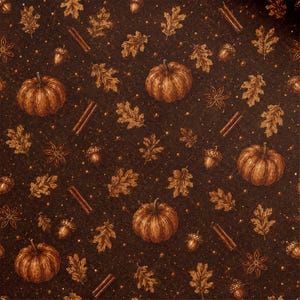 May include: A dark brown fabric featuring a repeating pattern of orange pumpkins, brown oak leaves, acorns, cinnamon sticks, and star anise. The design includes small scattered dots throughout the print on a textured background.