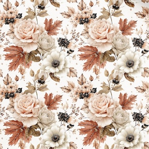 May include: A repeating pattern on a white background featuring light pink roses, white anemone flowers, dark brown berries, and rust-colored maple leaves. The botanical design includes intricate stems and foliage in shades of brown.