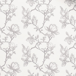 May include: Wallpaper featuring a repeating pattern of gray botanical illustrations on a white background. The design depicts detailed magnolia flowers and buds blooming on slender, branching stems, creating a continuous floral motif.