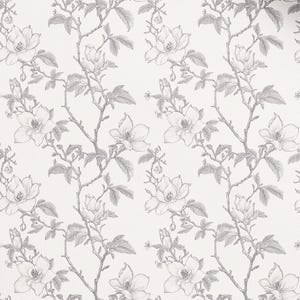 May include: A wallpaper featuring a repeating pattern of gray botanical illustrations on a white background. The design depicts delicate flowering branches with detailed leaves, open blossoms, and small buds arranged in vertical, flowing lines.