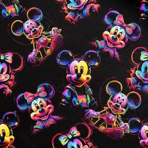 May include: A repeating pattern featuring Mickey and Minnie Mouse in neon colours on a black backdrop. The illustrations show the characters in different poses, with striking outlines and a graffiti-style aesthetic. The overall theme is playful and colourful.