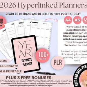May include: Digital 2026 Ultimate Planner with 100+ pages, undated and dated. Includes bonus productivity planner and workbook. Ready to rebrand and resell. Features A4, A5, and US Letter sizes. Includes a -70% off today offer.