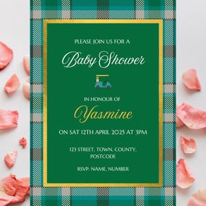 Baby Boy Baby Shower Country Club Invitation, Green Plaid Baby Shower Invite, Golf Go Cart Baby Shower, Pobierz i wydrukuj PDF lub udostępnij