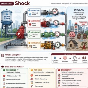 May include: An educational infographic titled Emergency Shock explaining four types of shock using a plumbing analogy with a water tower, pipes, and gauges. It details hypovolemic, cardiogenic, distributive, and obstructive shock, including clinical signs, the why chain, and emergency protocols.