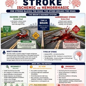 Peut inclure: Une infographie éducative intitulée STROKE ISCHEMIC vs HEMORRHAGIC. Elle utilise la métaphore d'une autoroute pour expliquer comment les accidents ischémiques bloquent le flux sanguin et les hémorragies provoquent des ruptures. Elle détaille les types d'AVC, les signes et les urgences.