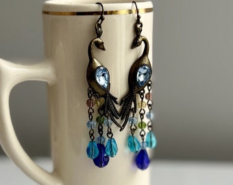 Vintage Drama Peacock Earrings With Blue Glass Center Stone