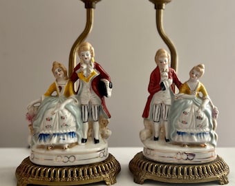 Victorian Figurine Lamps: Porcelain & Brass Couple, Vintage Pair