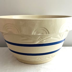 Ransbottom Pottery Bowl: Mid-Century Blue Stripe Dough Bowl, Roseville Ohio