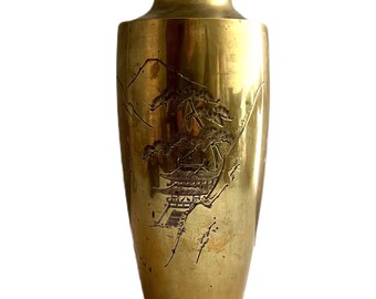 Vintage Etched Brass 7&quot; High Heavy Brass Vase