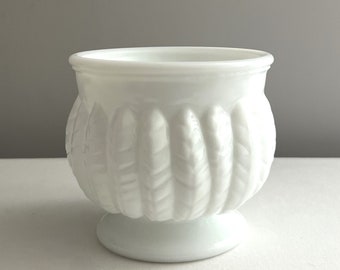 Mid-Century Milk Glass Pedestal Bowl Vase Or Small Jardiniere Raised Feather Detail White Milk Glass Vase Bowl Planter