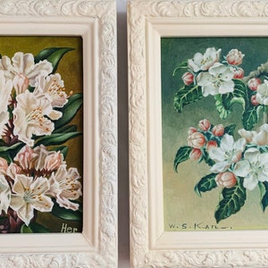 2 Mid-Century Framed Art White Molded Frames Wall Art - Lillies & Roses in Oil