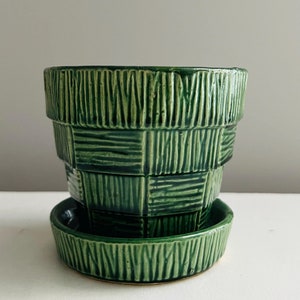 Mid-Century Green Basket Weave McCoy Planter Pot Large Green Banded Pot