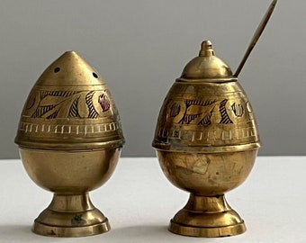 Mid-Century Brass Pepper Shaker & Salt Box With Spoon