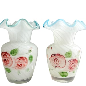 2 Vintage Fenton Art Glass Vases / Hand Painted Optic Swirl / Ruffled Top Vases