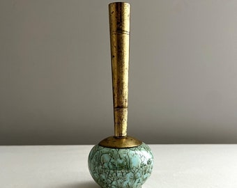 Mid-Century Brass & Turquoise Green Ceramic Art Vase Hand Painted Made in Holland