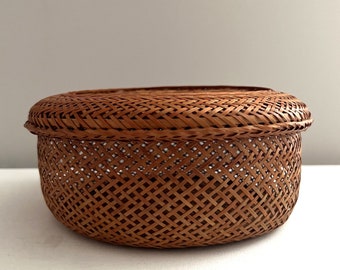 Mid-Century Round Covered Basket Flower Design Weave