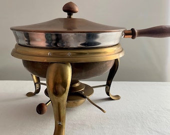Vintage Copper Chafing Dish, Brass Stand, Wood Handle Buffet Server