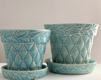 2 Vintage McCoy Turquoise Planters / Brushed Glaze Diamond Quilt Pattern Pottery Planter Pots