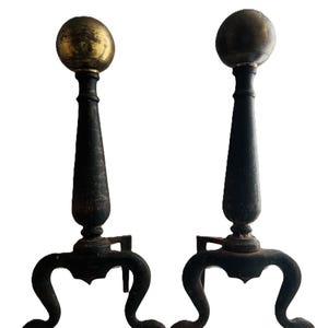 Antique Cast Iron & Brass Andirons / Firedogs / Log Holders