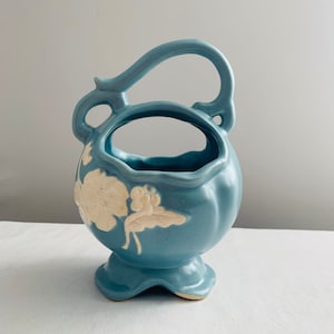 Vintage Blue WELLER Cameo Ware Art Pottery Pot Footed Magnolia Blossom by Weller USA Ohio Pottery