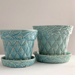 2 Vintage McCoy Turquoise Planters / Brushed Glaze Diamond Quilt Pattern Pottery Planter Pots